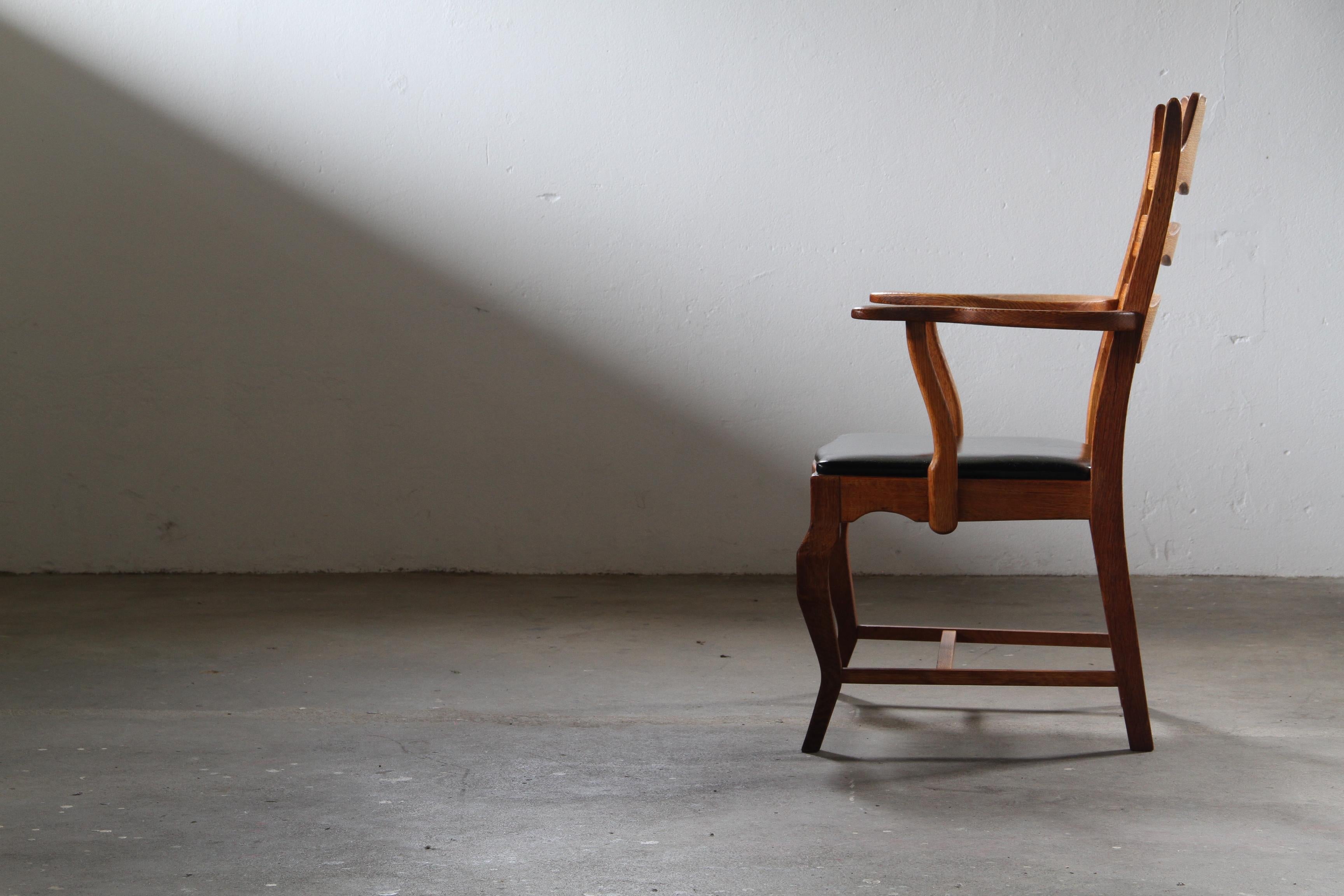 Razorblade_Brutalist_Oak_Armchair_by_Henning_Kjærnulf,_Black_Leather,_Danish_Mid-Century_Design