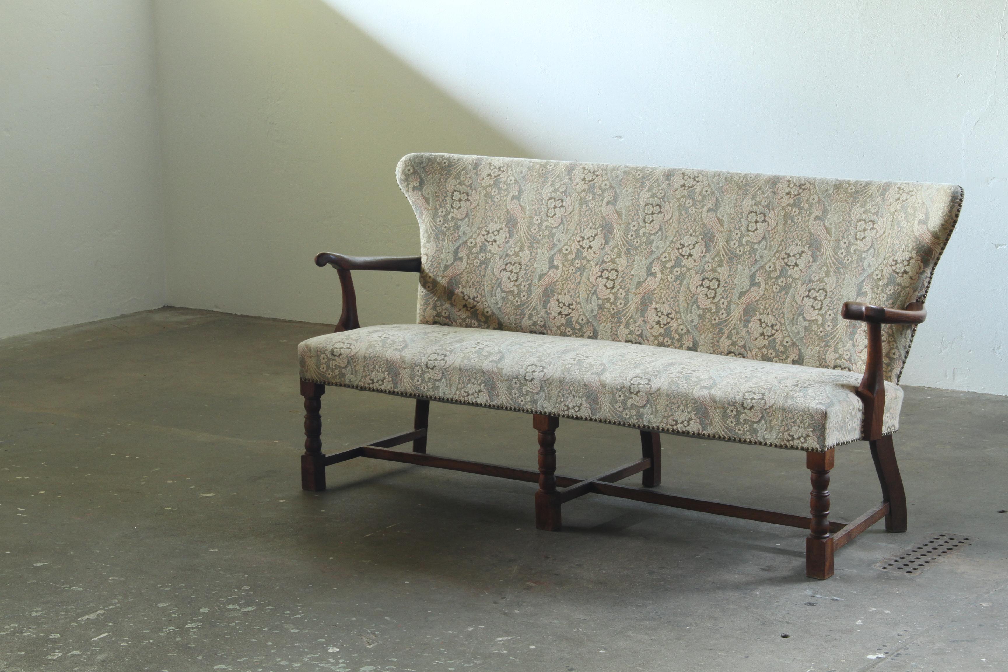 Danish_Solid_Oak_Sofa_with_Floral_Upholstery,_Turned_Legs_and_Art_Deco_Details,_1940s