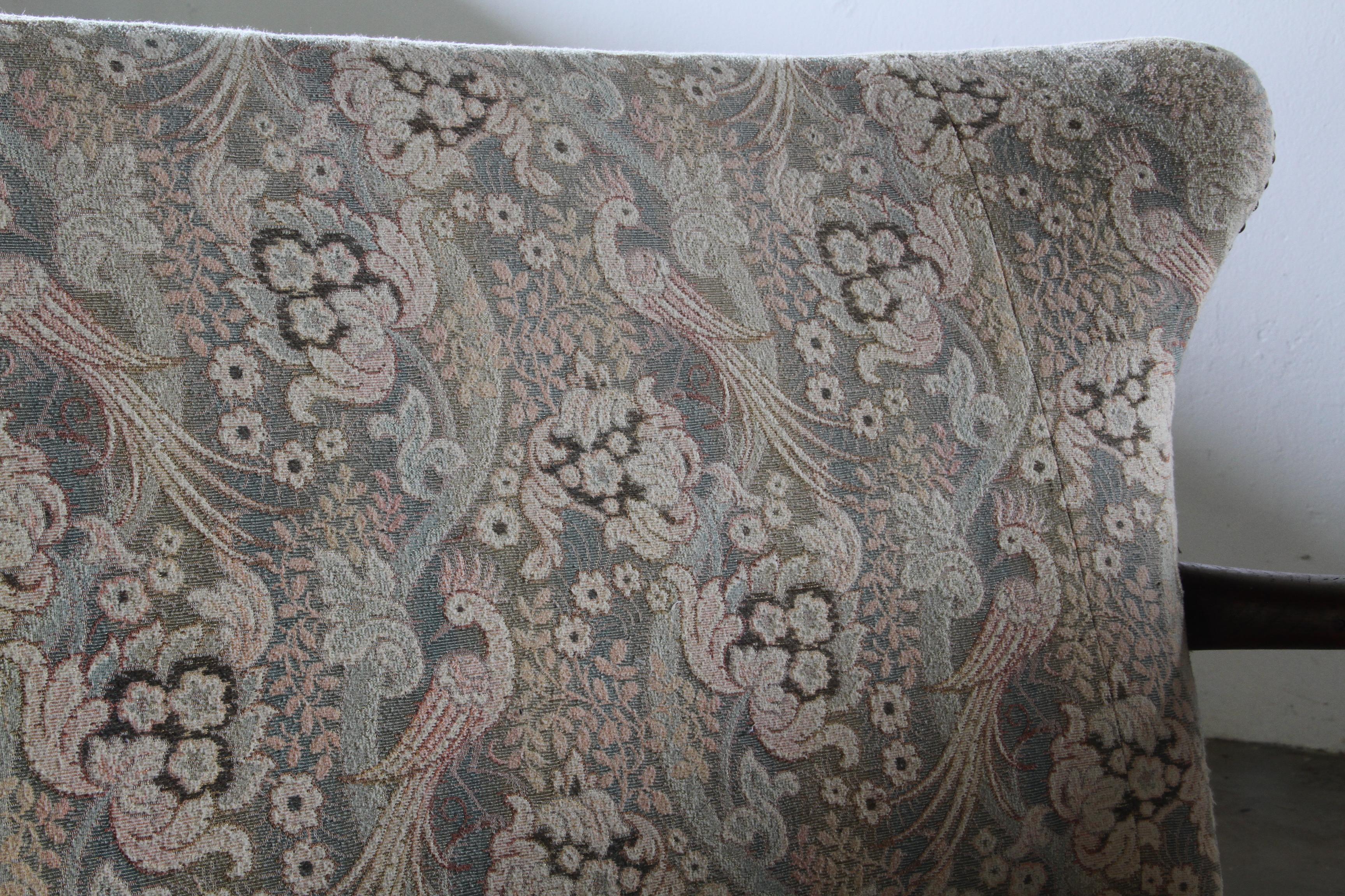 Danish_Solid_Oak_Sofa_with_Floral_Upholstery,_Turned_Legs_and_Art_Deco_Details,_1940s
