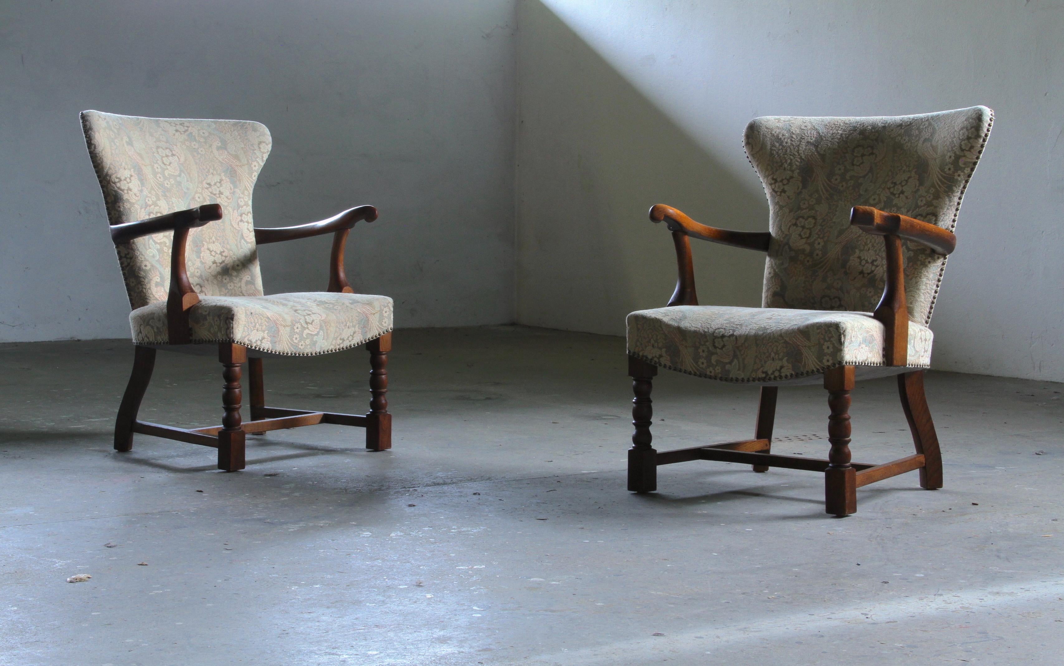 Set_of_2_Danish_Solid_Oak_Armchairs_with_Floral_Upholstery_and_Turned_Legs,_1940s