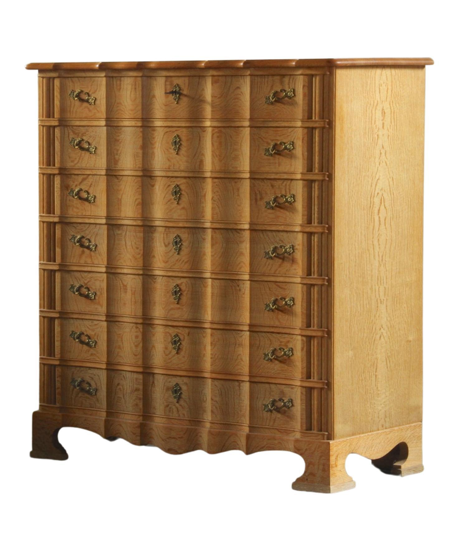Vintage_Danish_Quarter-Sawn_Oak_Highboy_Chest_of_Drawers_with_Brass_Handles,_Henning_Kjærnulf_Style