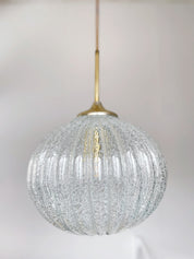 DORIA_Leuchten_Mid-Century_Pendant_Lamp_in_Hand-Blown_Crackle_Glass,_Brass_and_Rope,_Germany