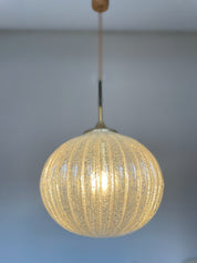 DORIA_Leuchten_Mid-Century_Pendant_Lamp_in_Hand-Blown_Crackle_Glass,_Brass_and_Rope,_Germany