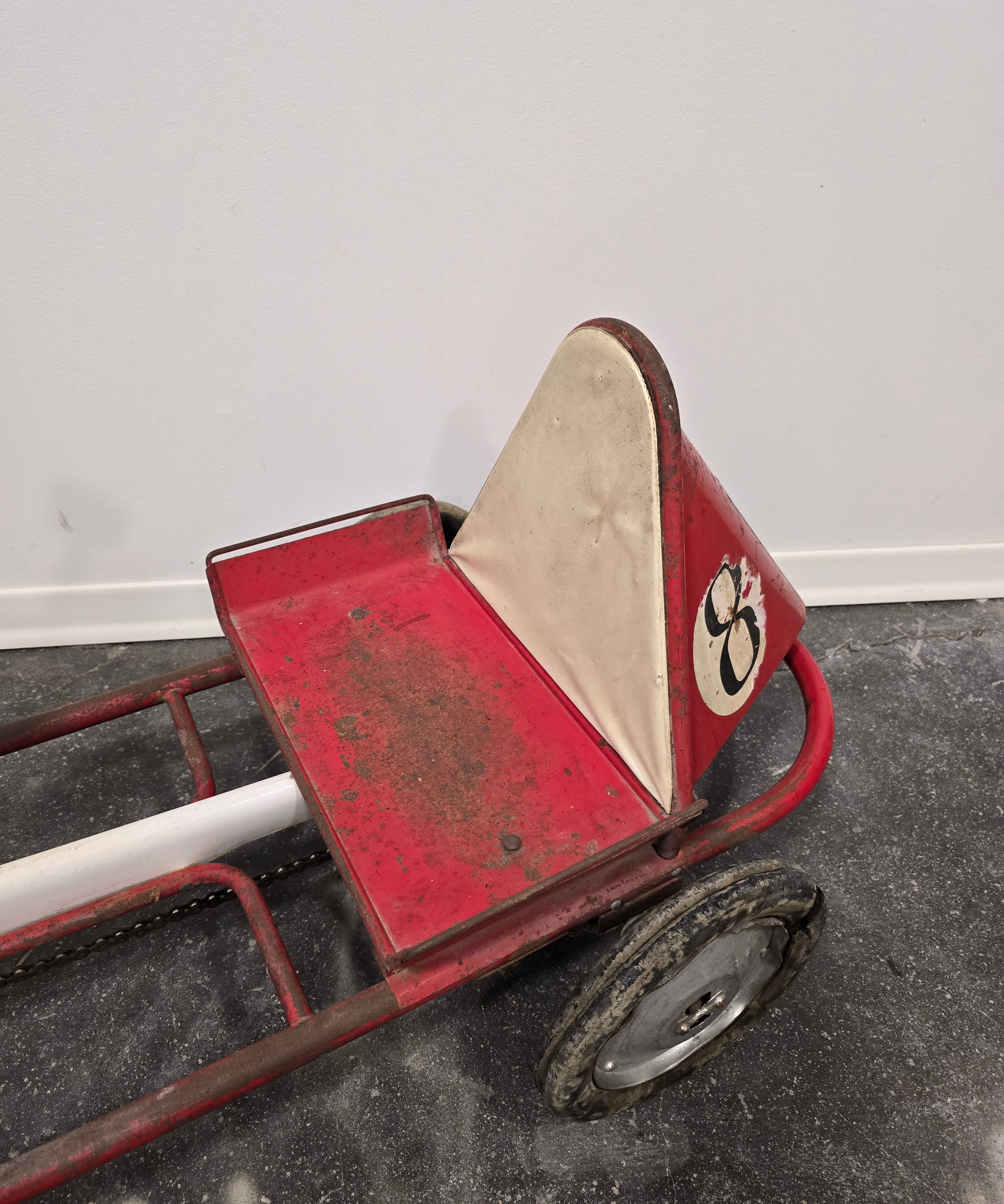 Vintage_Italian_Child's_Pedal_Go-Kart_in_Red_Tubular_Steel_with_Number_8_Racing_Graphics,_Mid-20th_Century