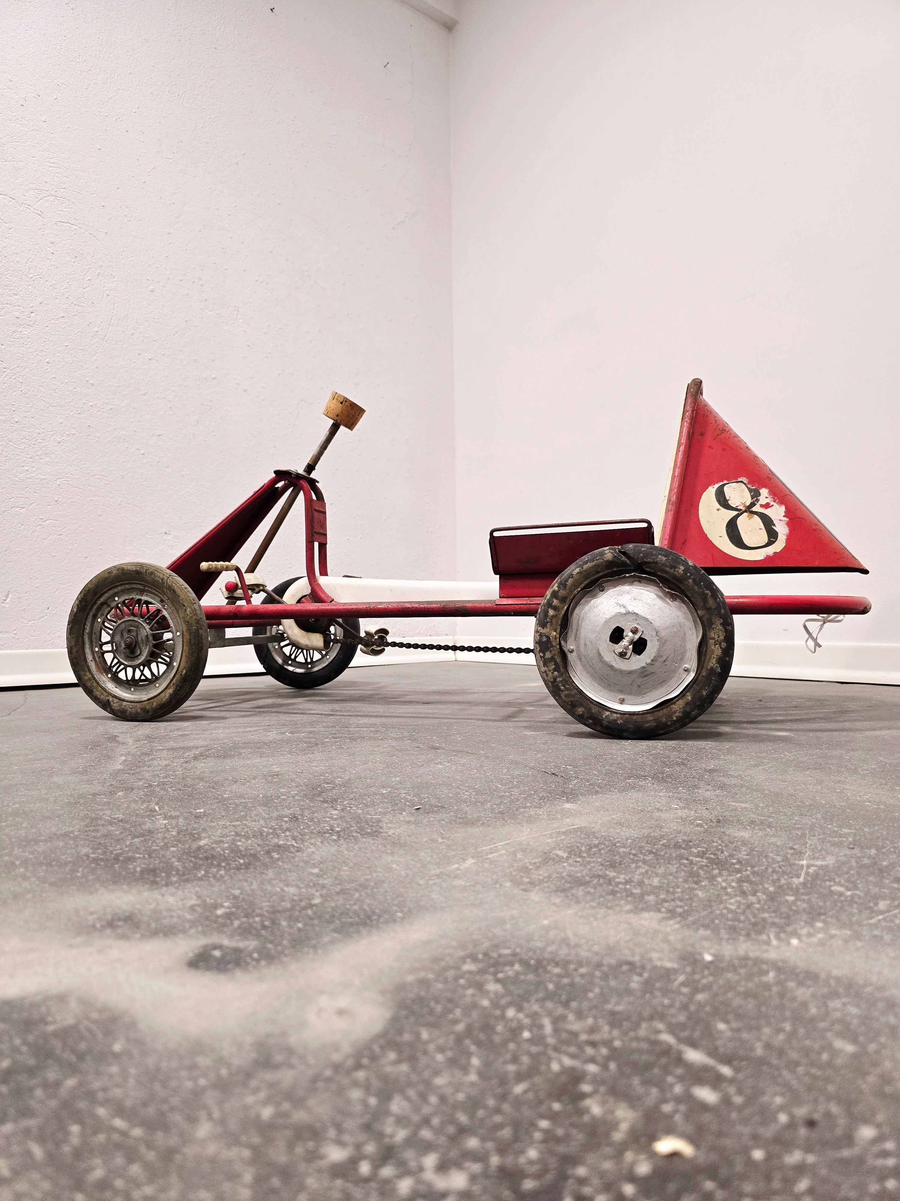 Vintage_Italian_Child's_Pedal_Go-Kart_in_Red_Tubular_Steel_with_Number_8_Racing_Graphics,_Mid-20th_Century