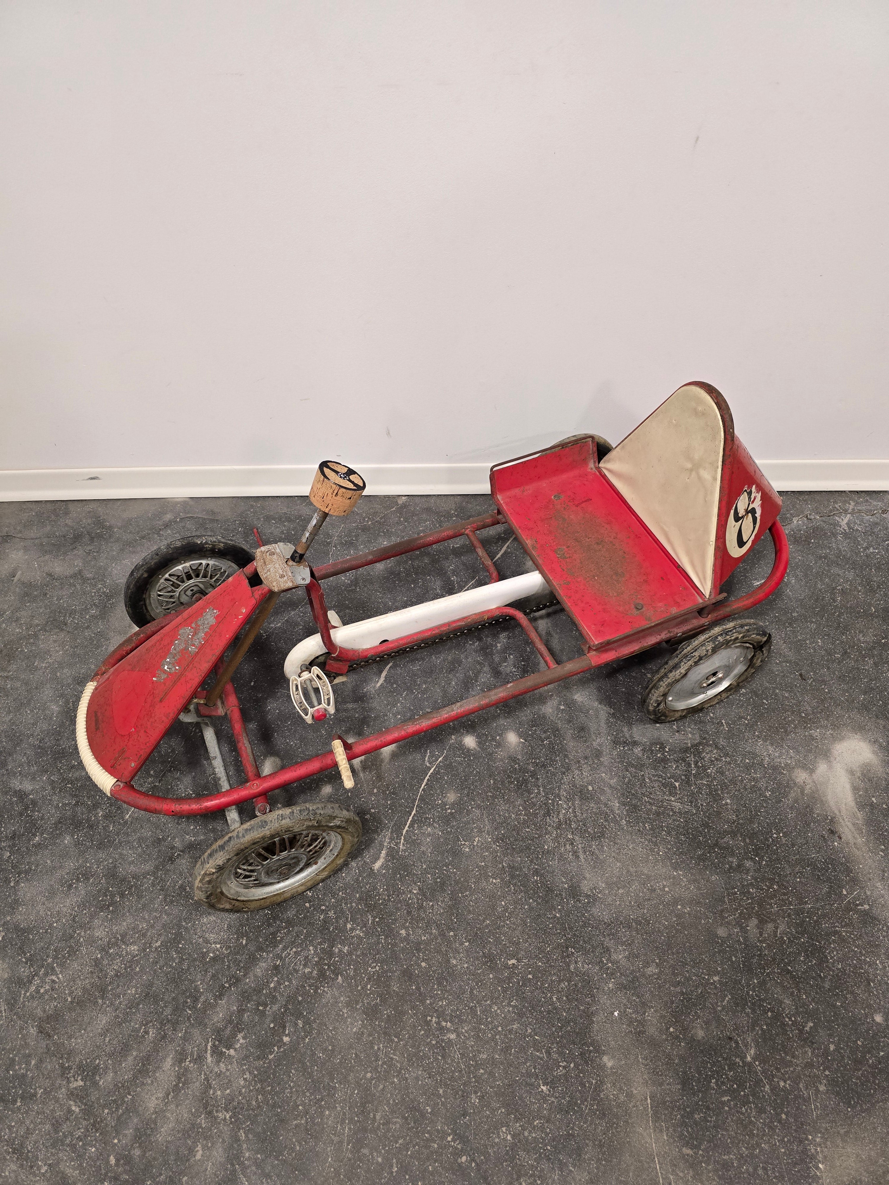 Vintage_Italian_Child's_Pedal_Go-Kart_in_Red_Tubular_Steel_with_Number_8_Racing_Graphics,_Mid-20th_Century