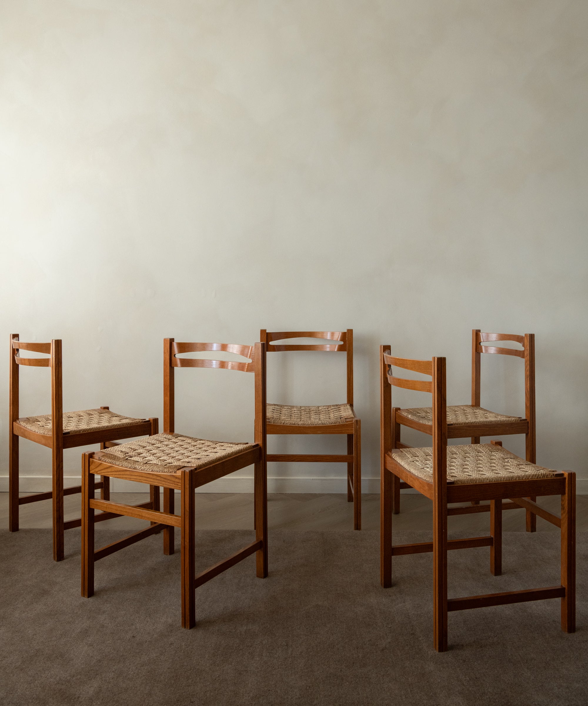 Set_of_5_Italian_Dining_Chairs_by_Snaidero,_Lacquered_Wood_&_Woven_Paper_Cord,_Italy,_1970s