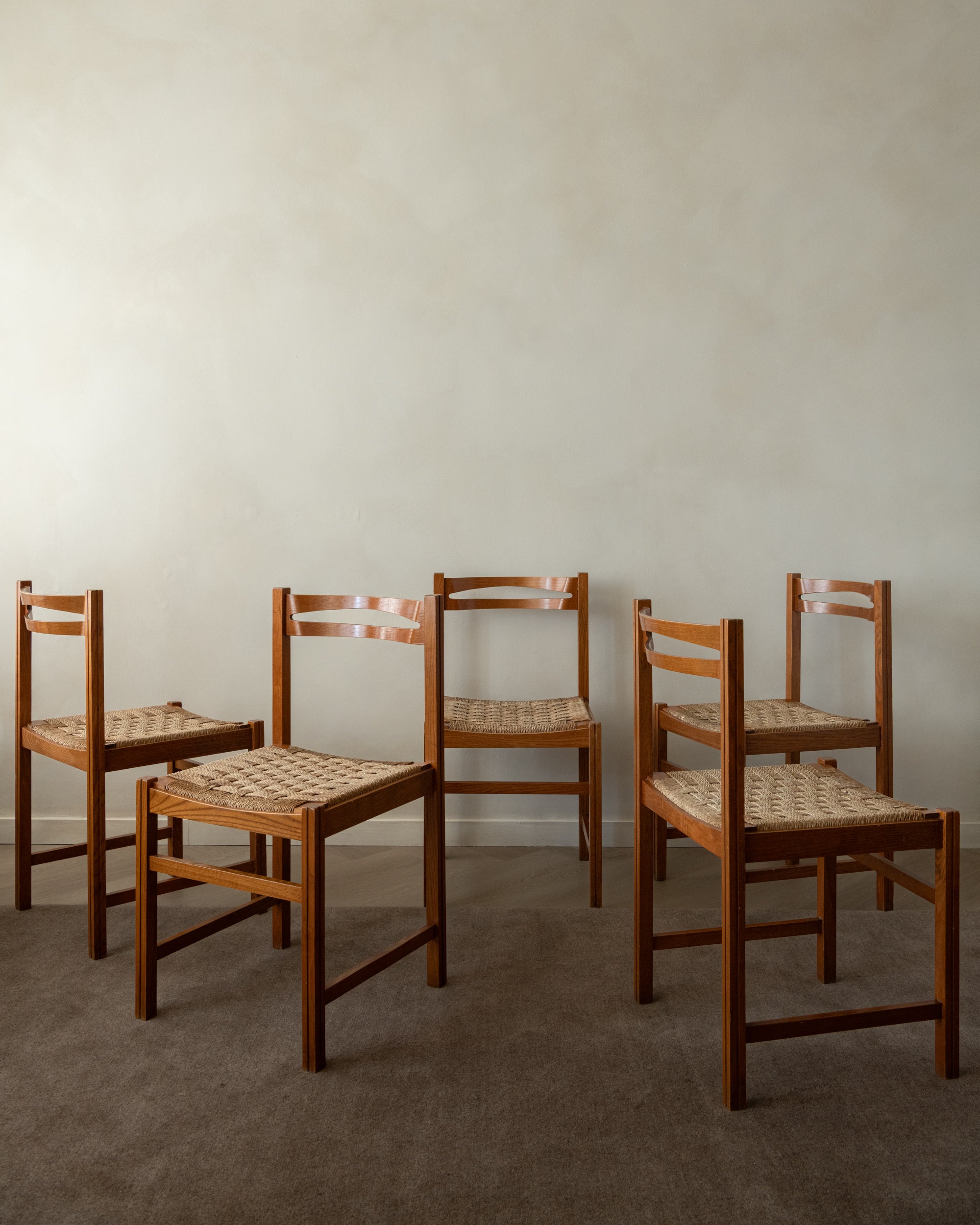 Set_of_5_Italian_Dining_Chairs_by_Snaidero,_Lacquered_Wood_&_Woven_Paper_Cord,_Italy,_1970s