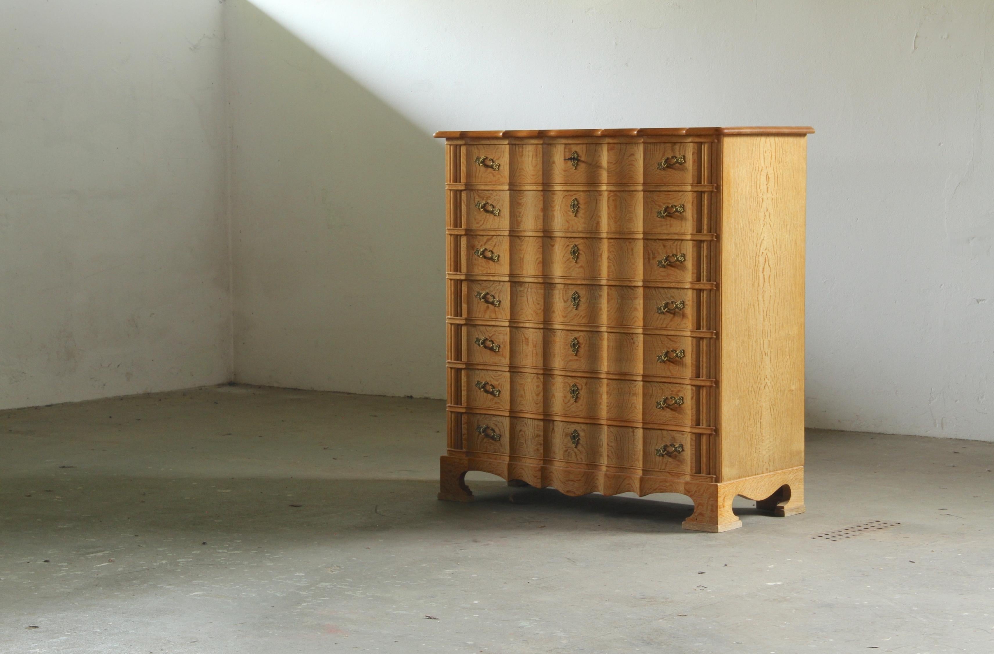 Vintage_Danish_Quarter-Sawn_Oak_Highboy_Chest_of_Drawers_with_Brass_Handles,_Henning_Kjærnulf_Style