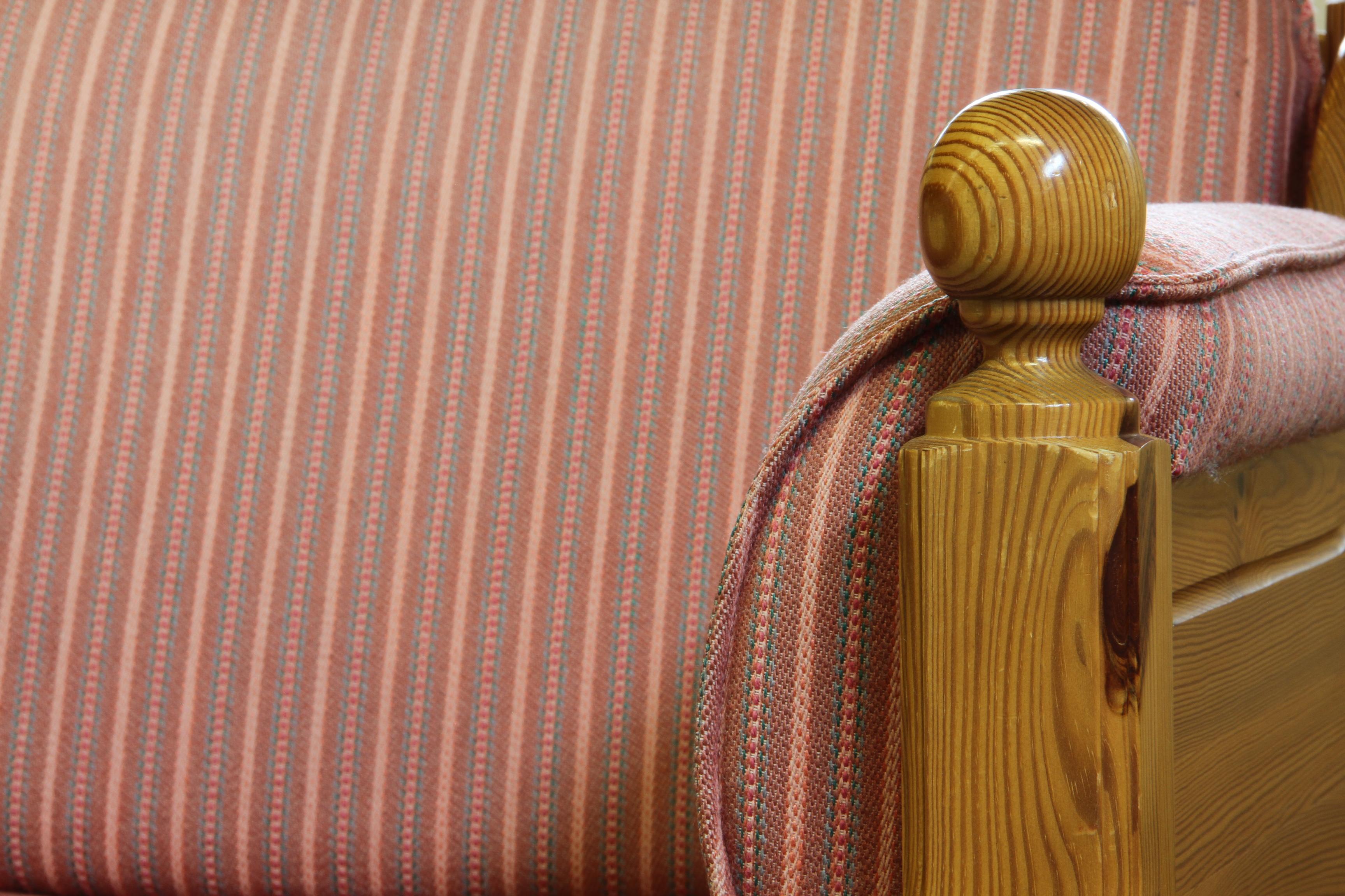 Danish_Mid-Century_Pine_Lounge_Chair_with_Striped_Cushions_and_Rounded_Finials,_1970s
