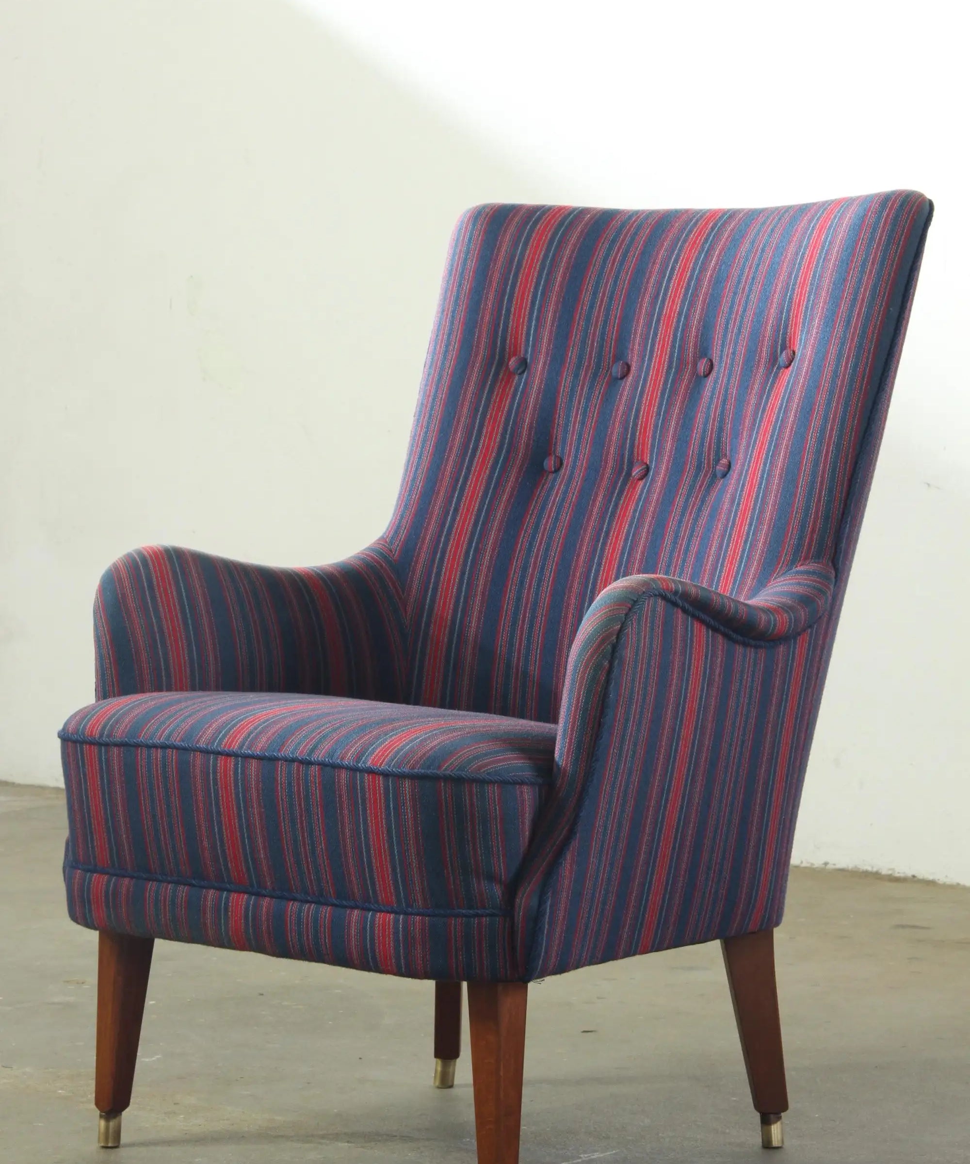 1950s_Mid-Century_Modern_Wingback_Armchair_with_Striped_Upholstery,_Button-Tufted_Back_and_Teak_Legs