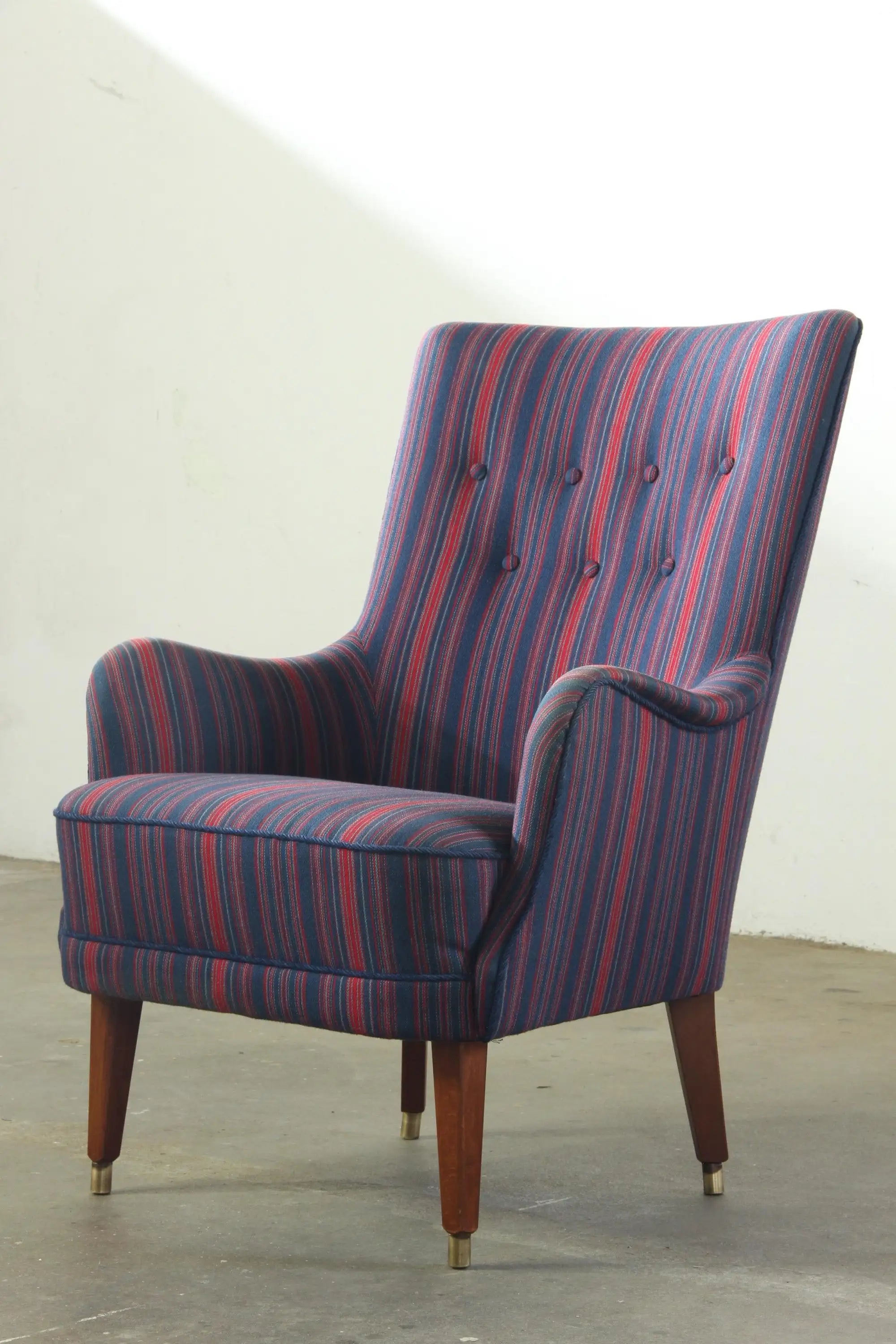 1950s_Mid-Century_Modern_Wingback_Armchair_with_Striped_Upholstery,_Button-Tufted_Back_and_Teak_Legs
