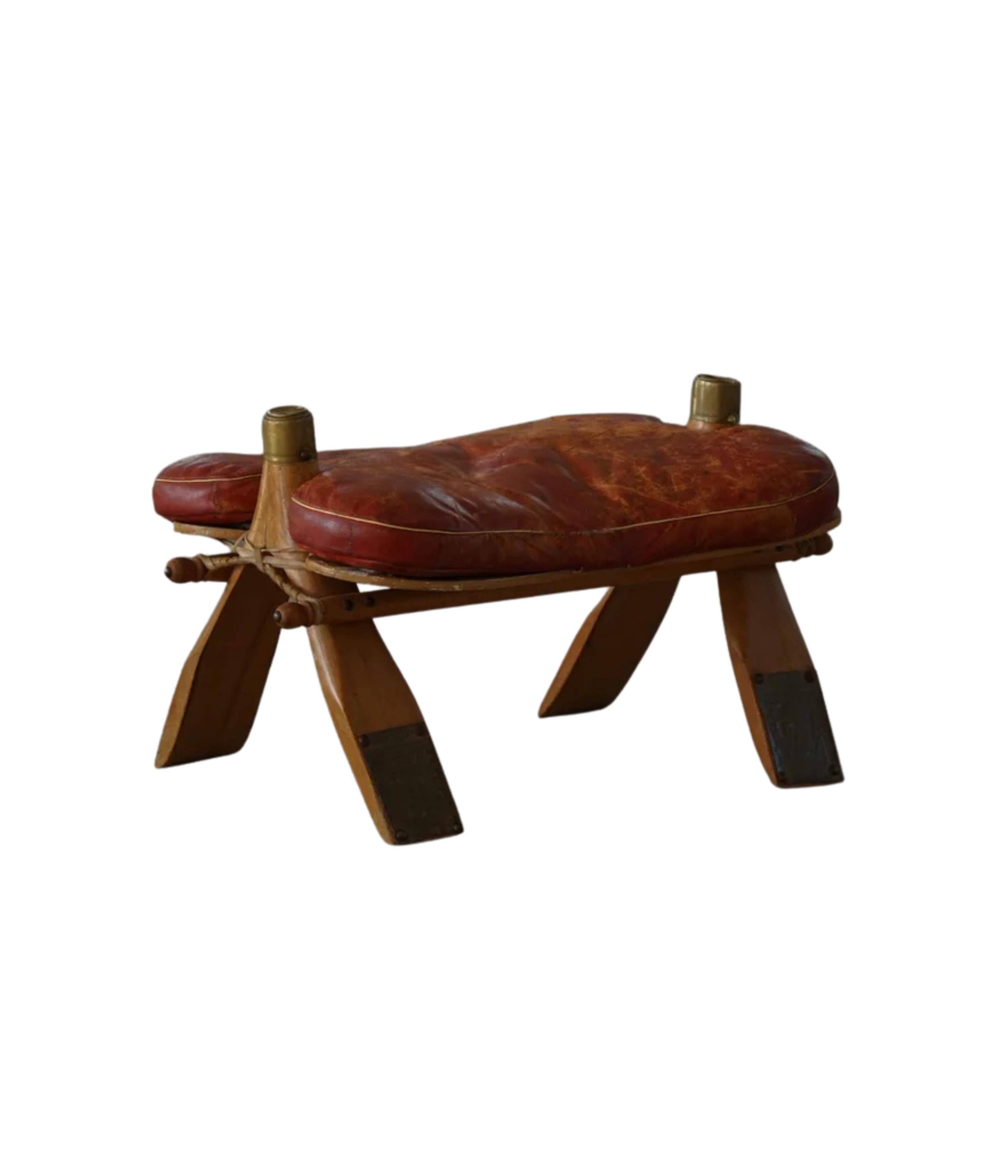 Vintage_Moroccan_Camel_Saddle_Footstool_in_Dark_Red_Upholstery,_Mid_20th_Century