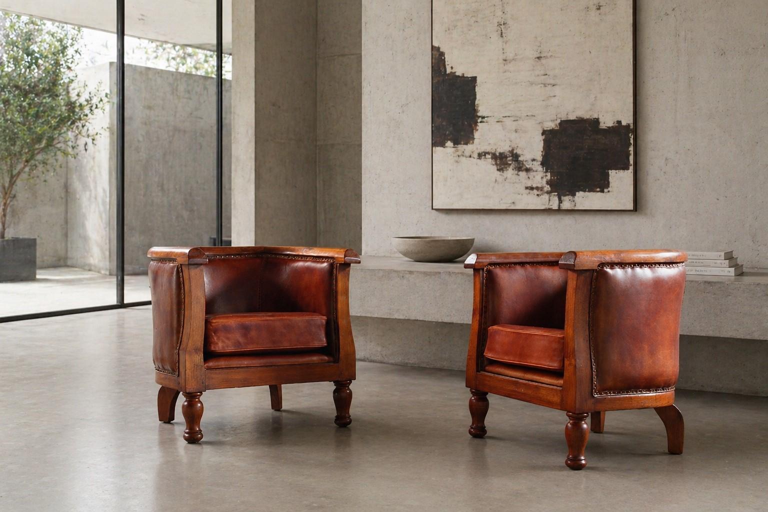 Set_of_2_Antique_Leather_Club_Armchairs_with_Curved_Armrests,_Art_Deco_Style,_Early_20th_Century