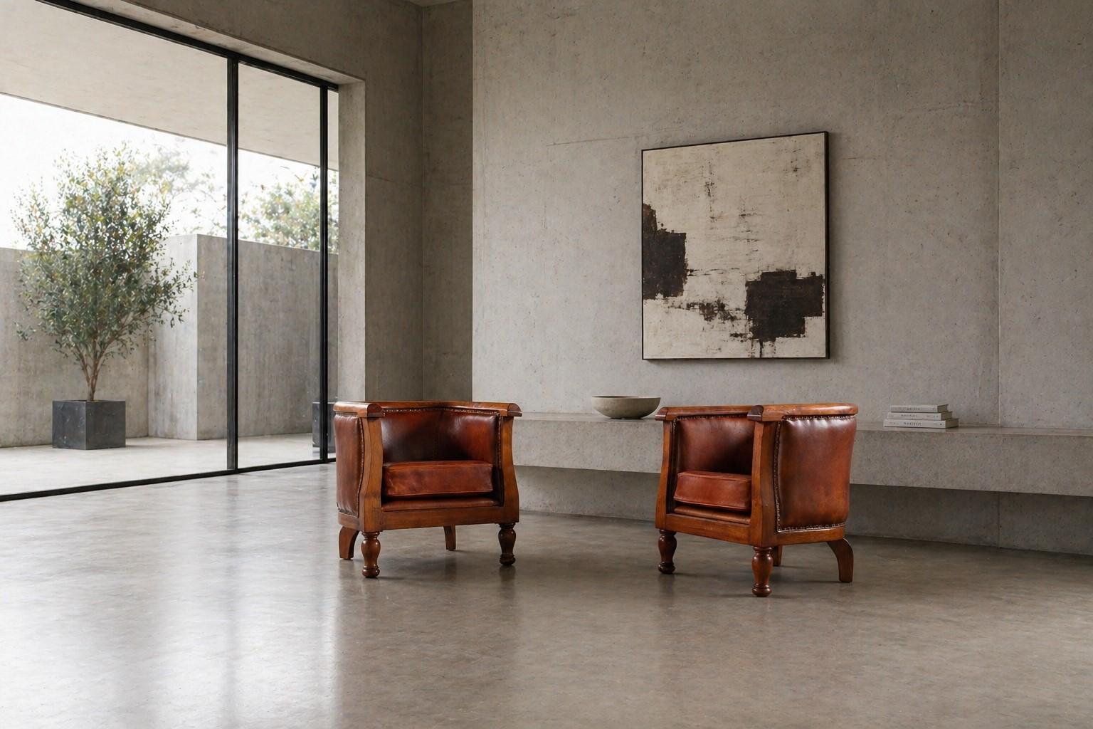 Set_of_2_Antique_Leather_Club_Armchairs_with_Curved_Armrests,_Art_Deco_Style,_Early_20th_Century