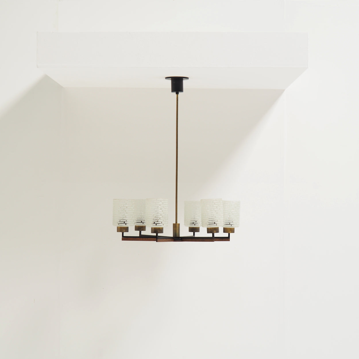 Six-Light_Brass,_Teak_and_Black_Metal_Chandelier_by_Philips,_Netherlands,_1960s