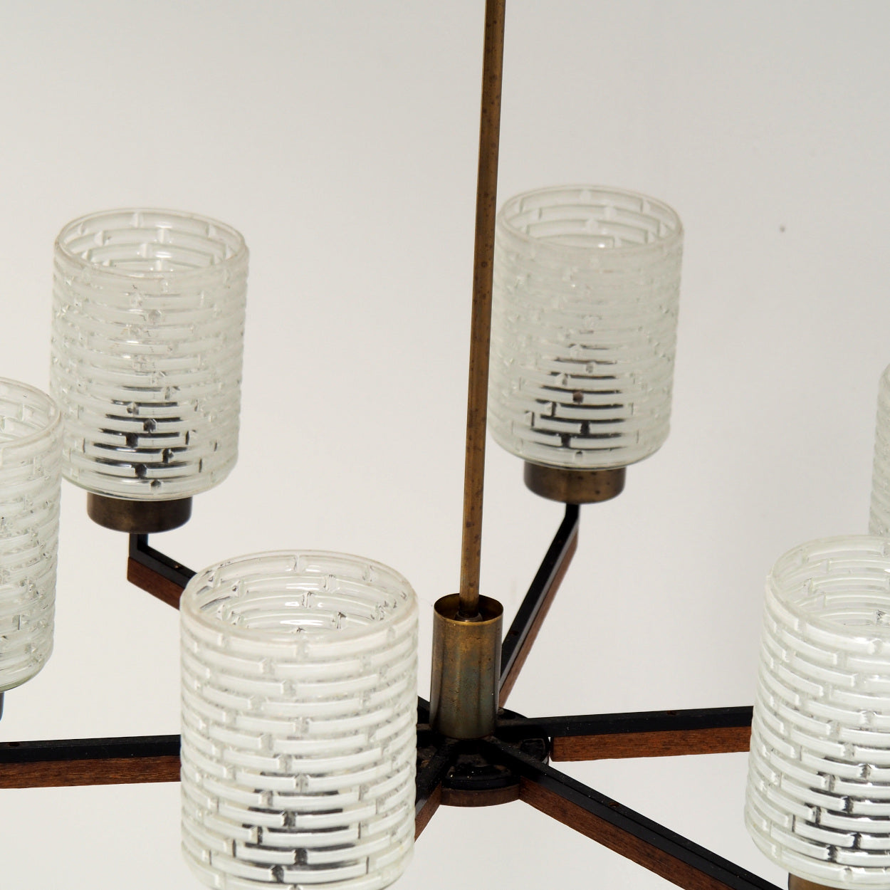 Six-Light_Brass,_Teak_and_Black_Metal_Chandelier_by_Philips,_Netherlands,_1960s