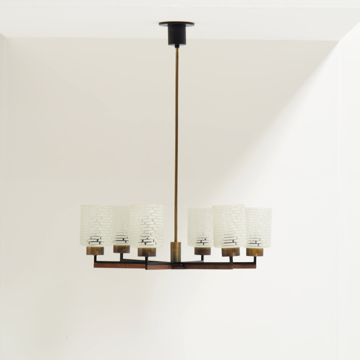 Six-Light_Brass,_Teak_and_Black_Metal_Chandelier_by_Philips,_Netherlands,_1960s