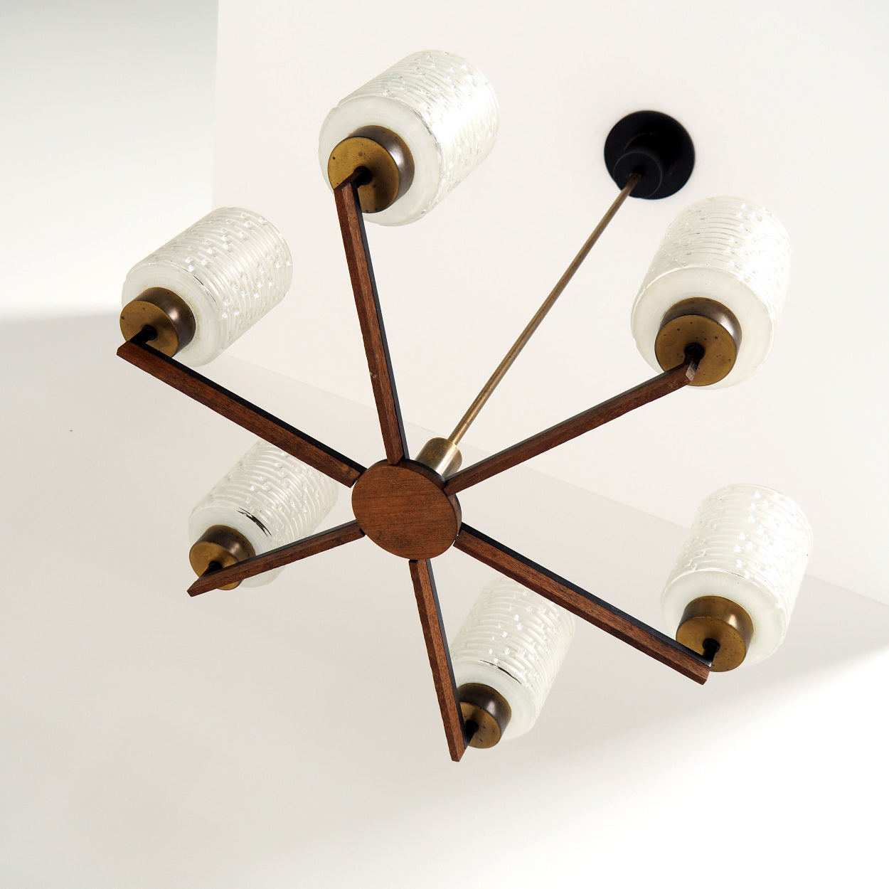 Six-Light_Brass,_Teak_and_Black_Metal_Chandelier_by_Philips,_Netherlands,_1960s