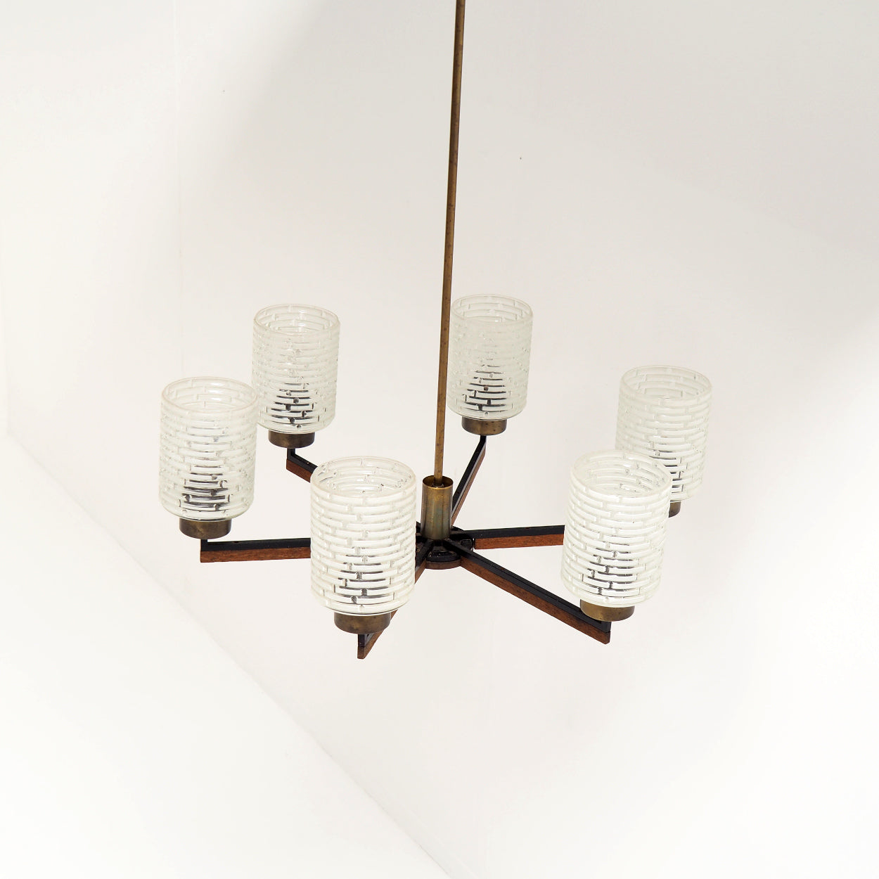 Six-Light_Brass,_Teak_and_Black_Metal_Chandelier_by_Philips,_Netherlands,_1960s