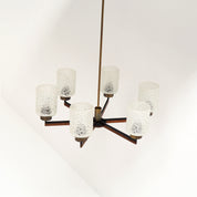 Six-Light_Brass,_Teak_and_Black_Metal_Chandelier_by_Philips,_Netherlands,_1960s