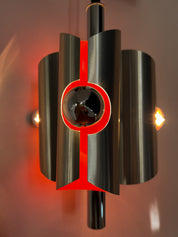 Space_Age_Chrome_Pendant_Lamp_by_Polam_with_Orange_Interior,_1960s