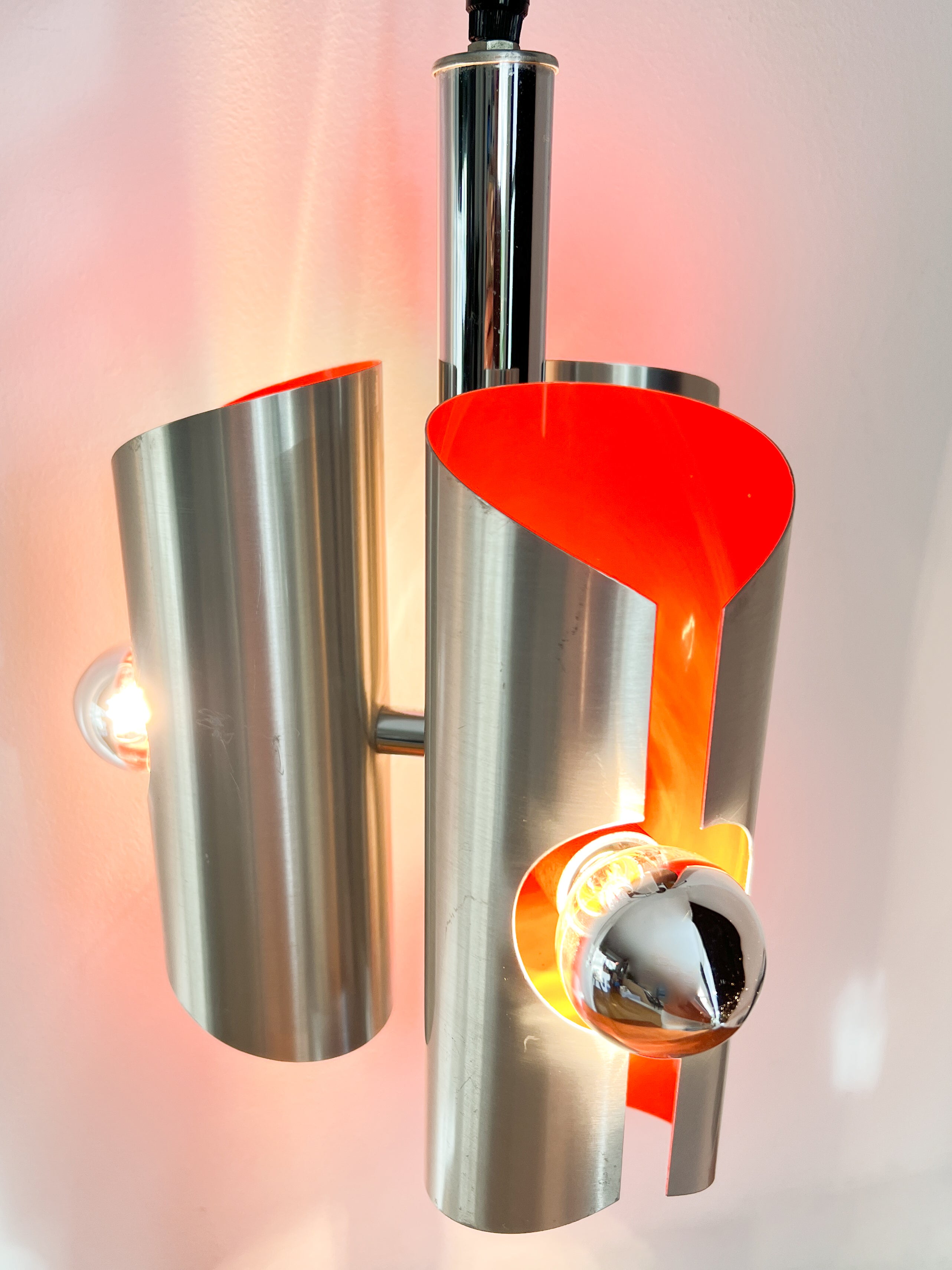 Space_Age_Chrome_Pendant_Lamp_by_Polam_with_Orange_Interior,_1960s
