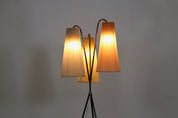 Vintage_Tripod_Floor_lamp_in_brass_and_plisse,_1950s