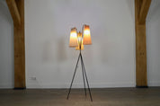 Vintage_Tripod_Floor_lamp_in_brass_and_plisse,_1950s