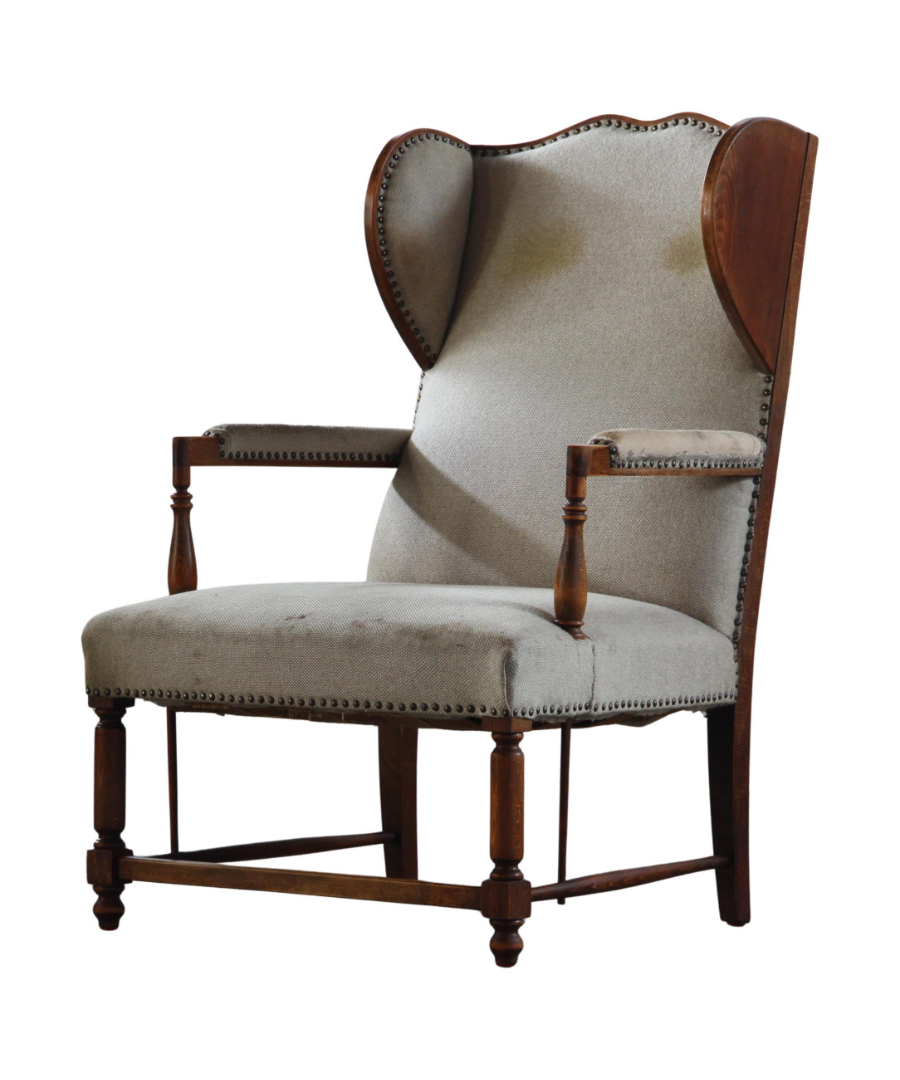 Vintage_Wingback_Armchair_with_Turned_Hardwood_Legs_and_Nailhead_Trim,_For_Reupholstery
