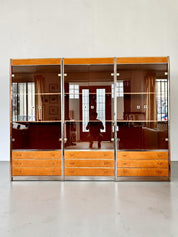 Three-Module_Display_Cabinet_in_Suede,_Smoked_Glass_and_Brass_in_the_Style_of_Willy_Rizzo,_Italy,_1970s