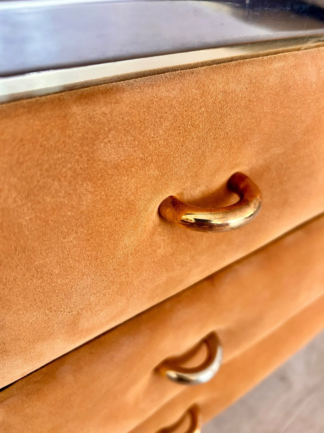 Three-Module_Display_Cabinet_in_Suede,_Smoked_Glass_and_Brass_in_the_Style_of_Willy_Rizzo,_Italy,_1970s
