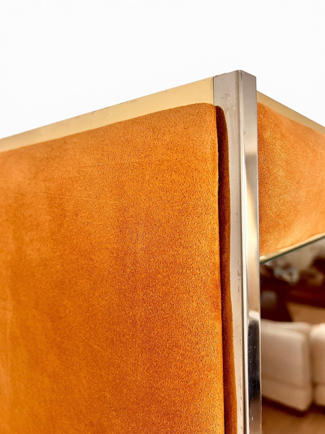 Three-Module_Display_Cabinet_in_Suede,_Smoked_Glass_and_Brass_in_the_Style_of_Willy_Rizzo,_Italy,_1970s