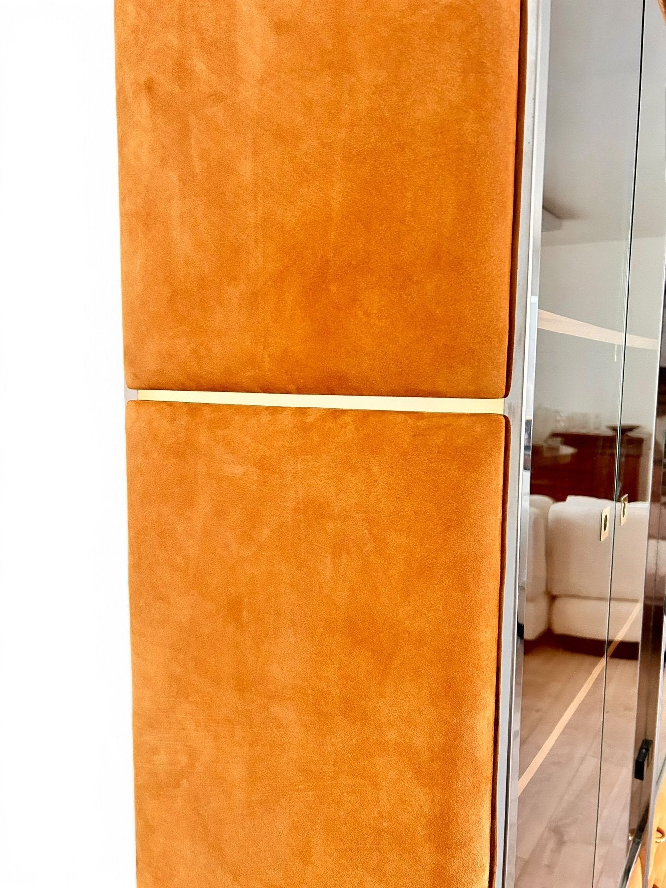 Three-Module_Display_Cabinet_in_Suede,_Smoked_Glass_and_Brass_in_the_Style_of_Willy_Rizzo,_Italy,_1970s