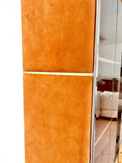 Three-Module_Display_Cabinet_in_Suede,_Smoked_Glass_and_Brass_in_the_Style_of_Willy_Rizzo,_Italy,_1970s