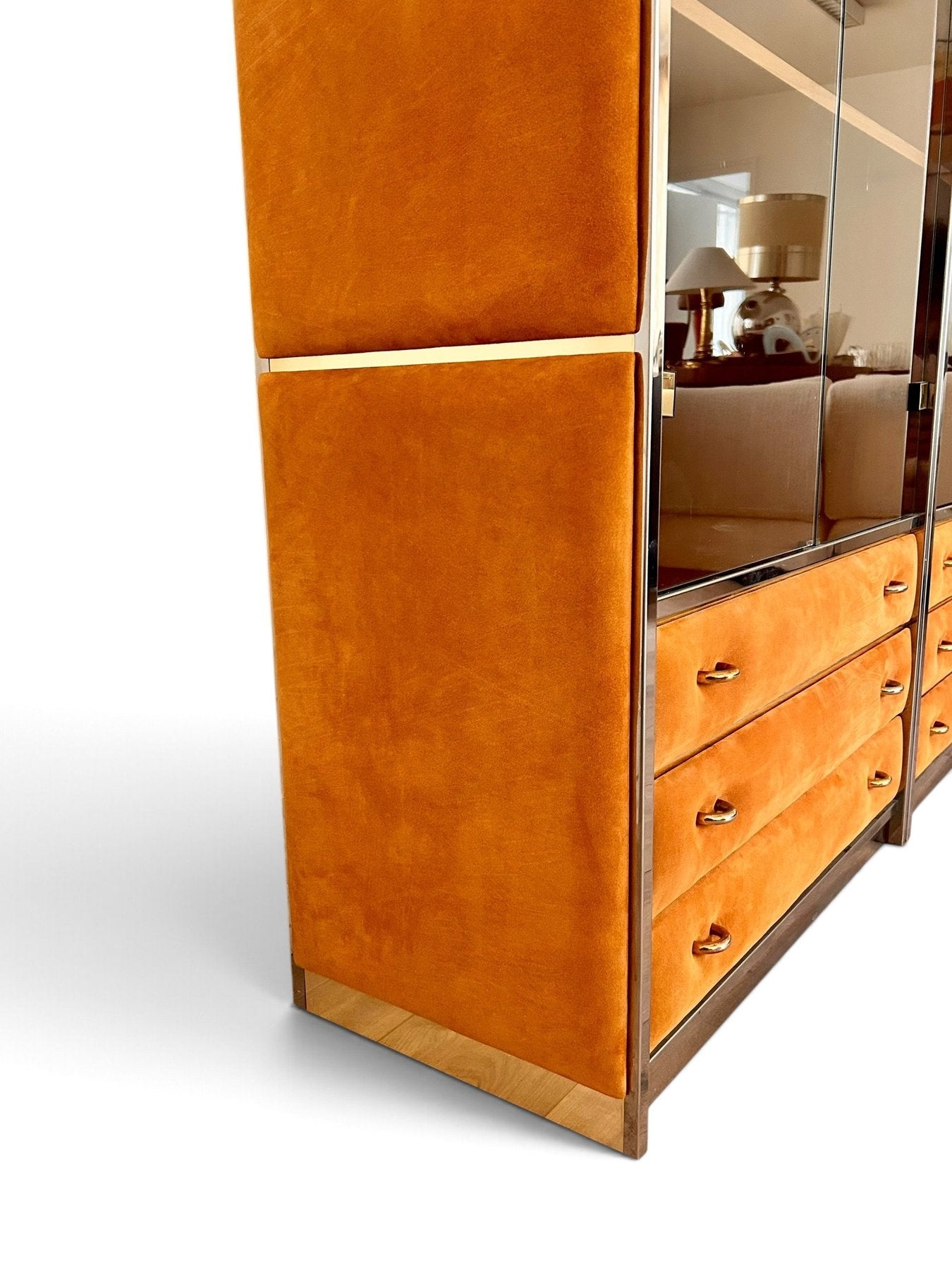 Three-Module_Display_Cabinet_in_Suede,_Smoked_Glass_and_Brass_in_the_Style_of_Willy_Rizzo,_Italy,_1970s