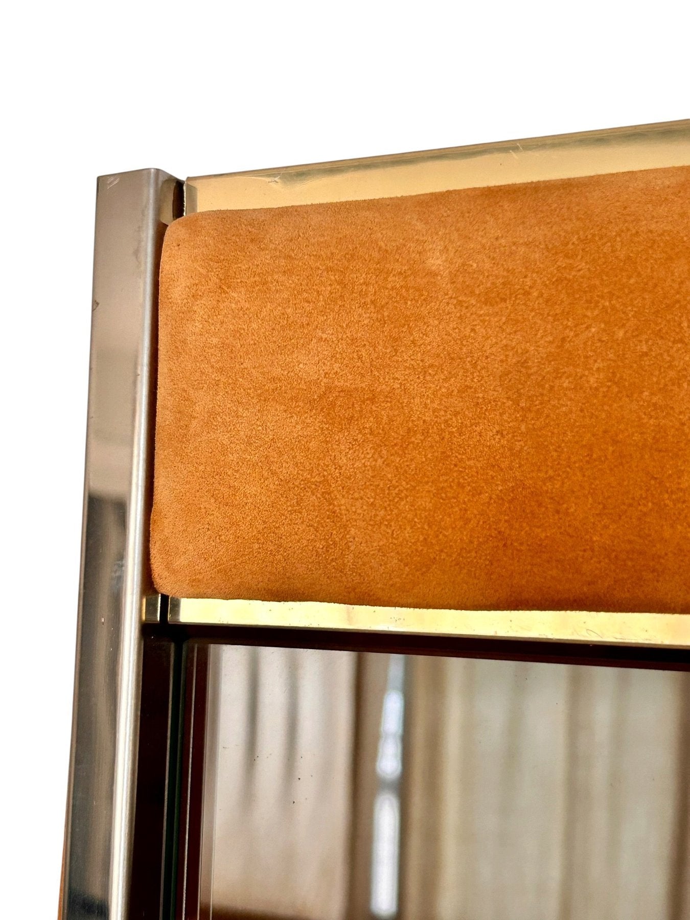 Three-Module_Display_Cabinet_in_Suede,_Smoked_Glass_and_Brass_in_the_Style_of_Willy_Rizzo,_Italy,_1970s