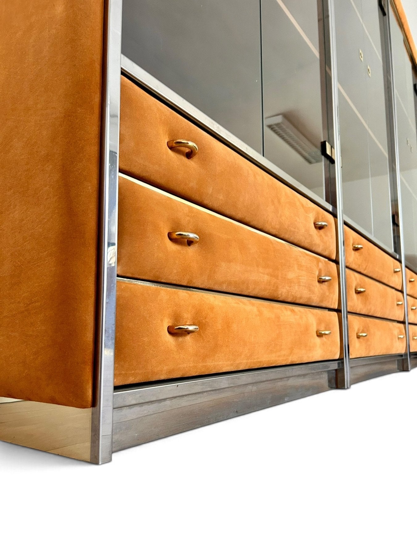 Three-Module_Display_Cabinet_in_Suede,_Smoked_Glass_and_Brass_in_the_Style_of_Willy_Rizzo,_Italy,_1970s