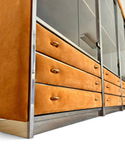 Three-Module_Display_Cabinet_in_Suede,_Smoked_Glass_and_Brass_in_the_Style_of_Willy_Rizzo,_Italy,_1970s