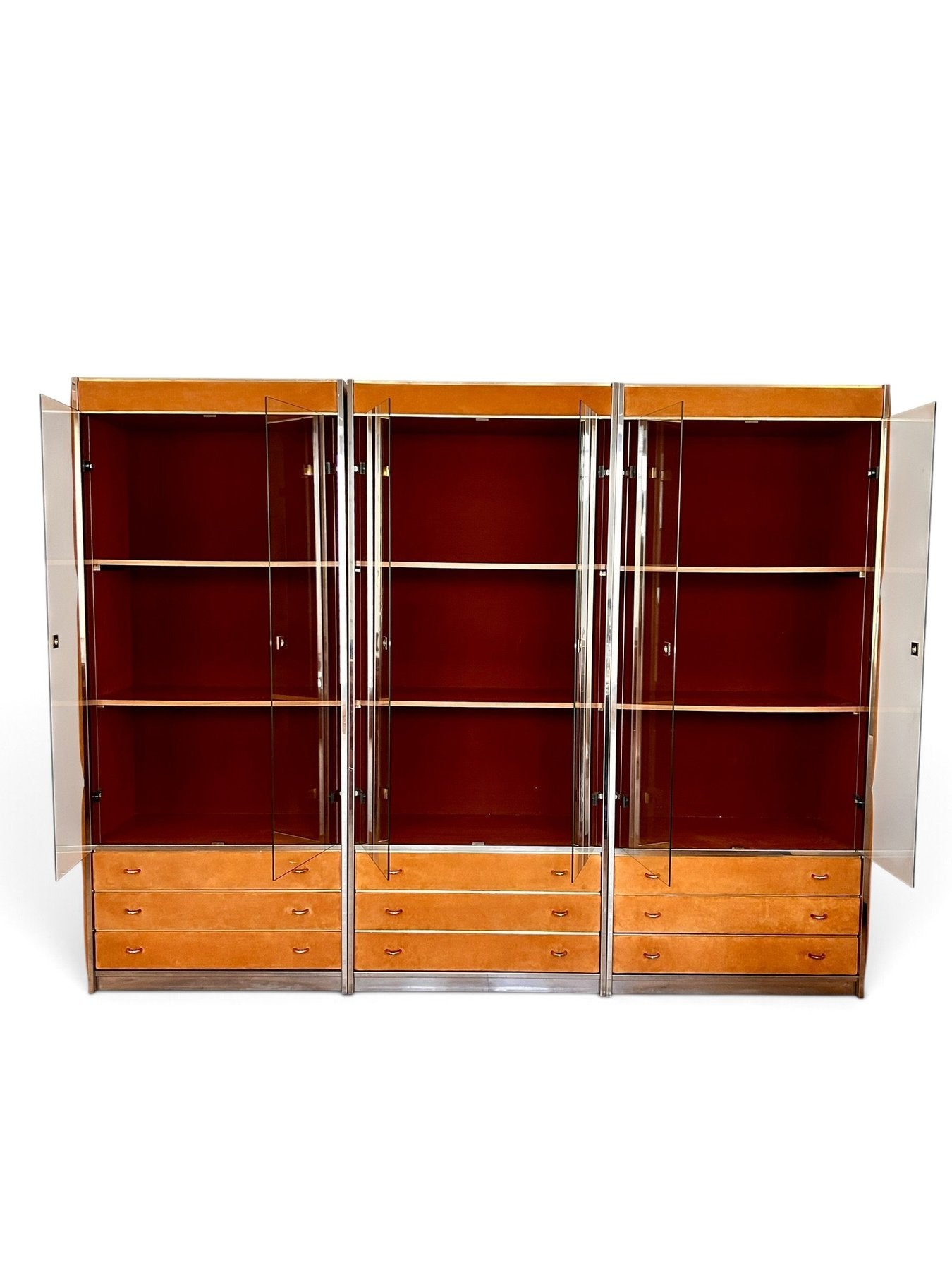 Three-Module_Display_Cabinet_in_Suede,_Smoked_Glass_and_Brass_in_the_Style_of_Willy_Rizzo,_Italy,_1970s