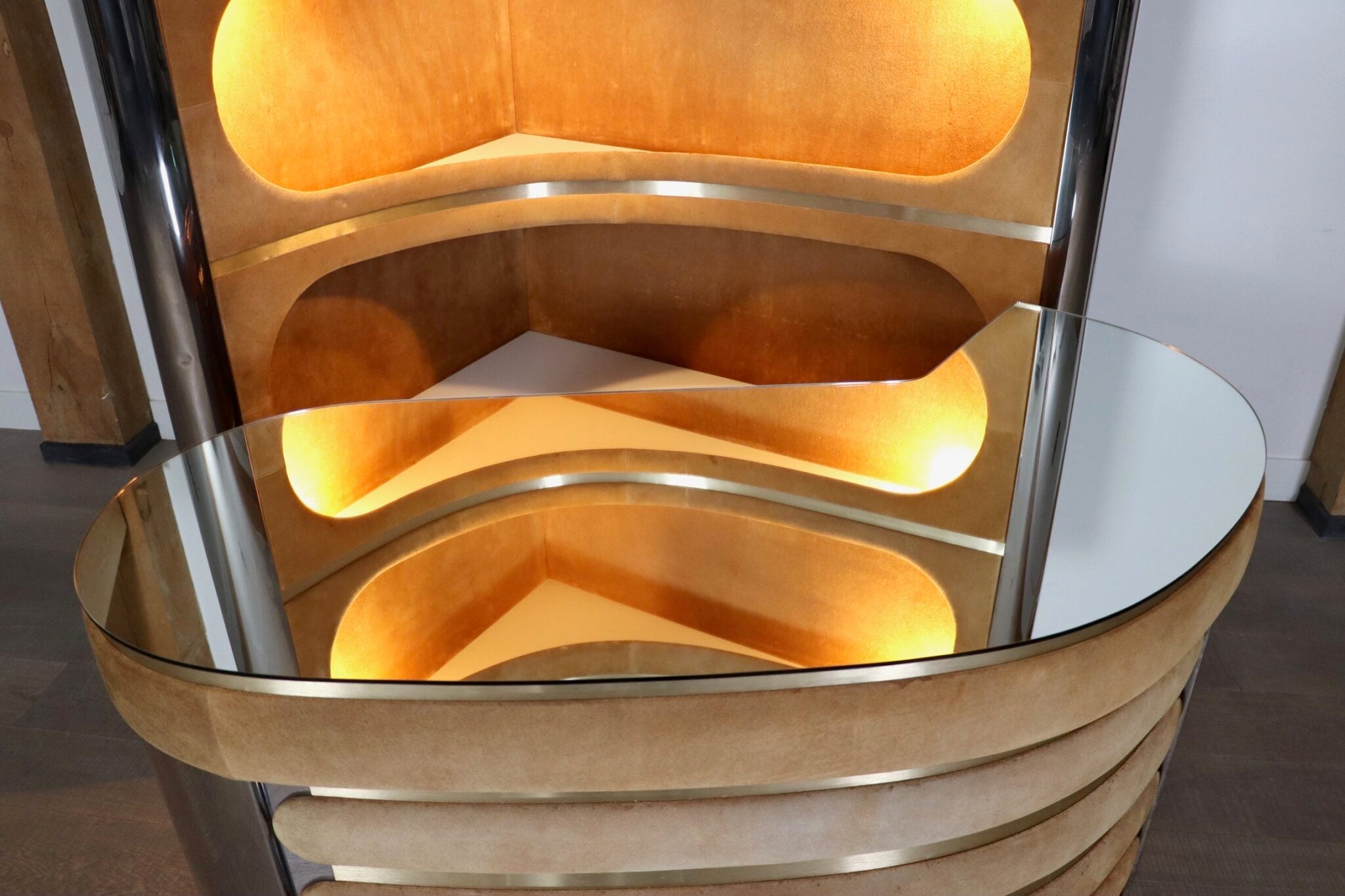 Willy_Rizzo_Suede_and_Chrome_Dry_Bar_with_Barstools,_1970s,_Italy