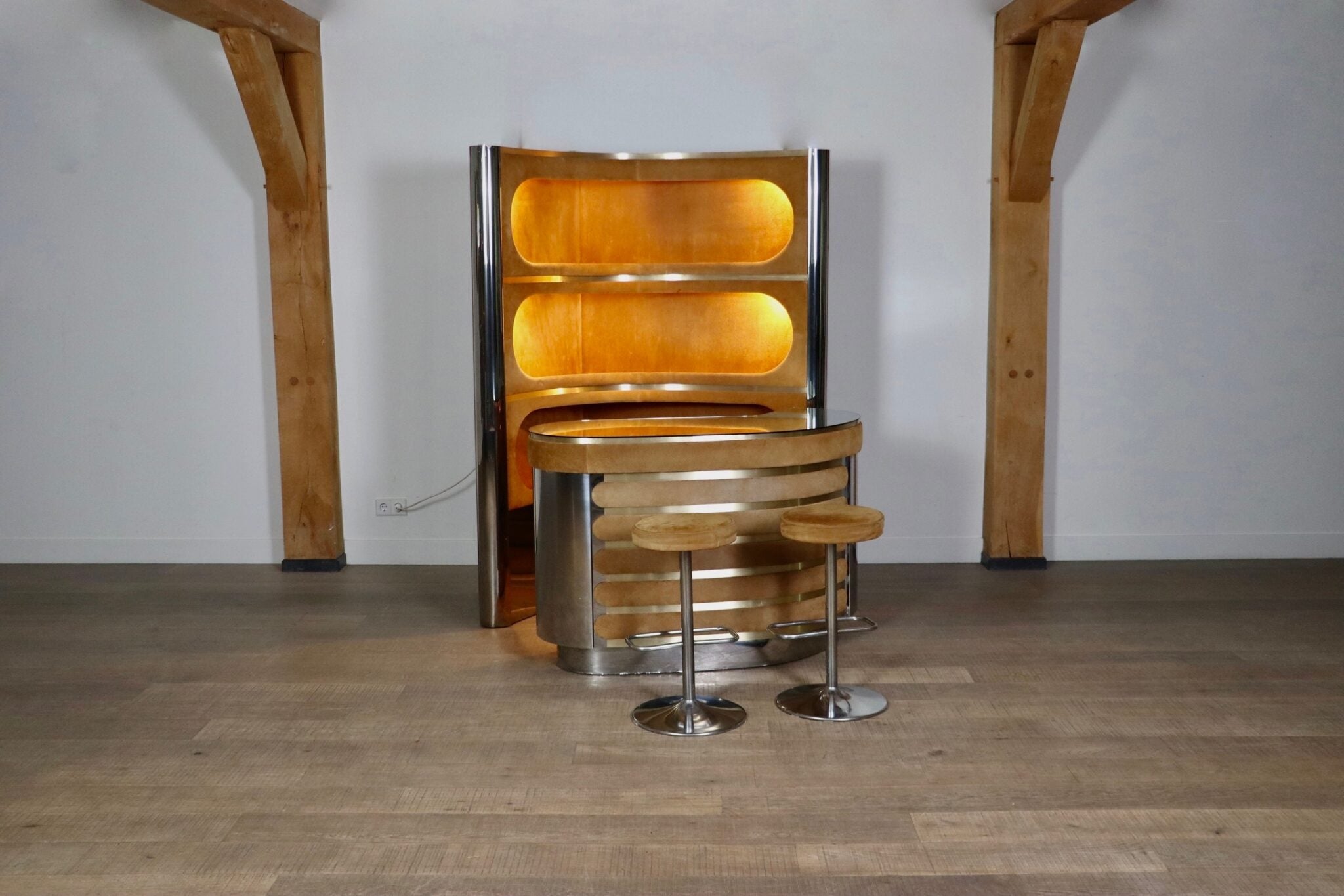 Willy_Rizzo_Suede_and_Chrome_Dry_Bar_with_Barstools,_1970s,_Italy