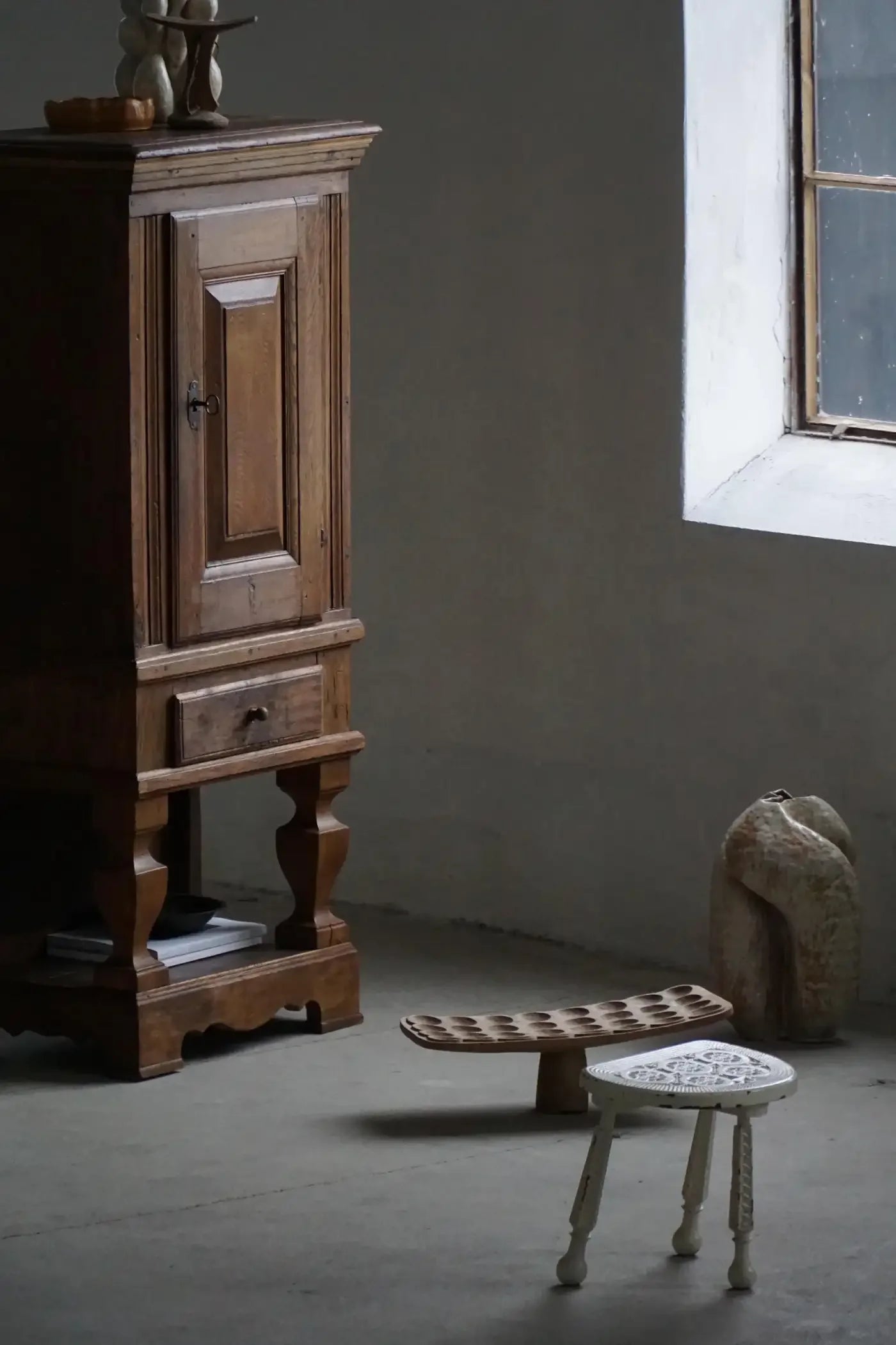 Wooden_Tripod_Stool_with_Carved_Details,_Rustic_Scandinavian_Design