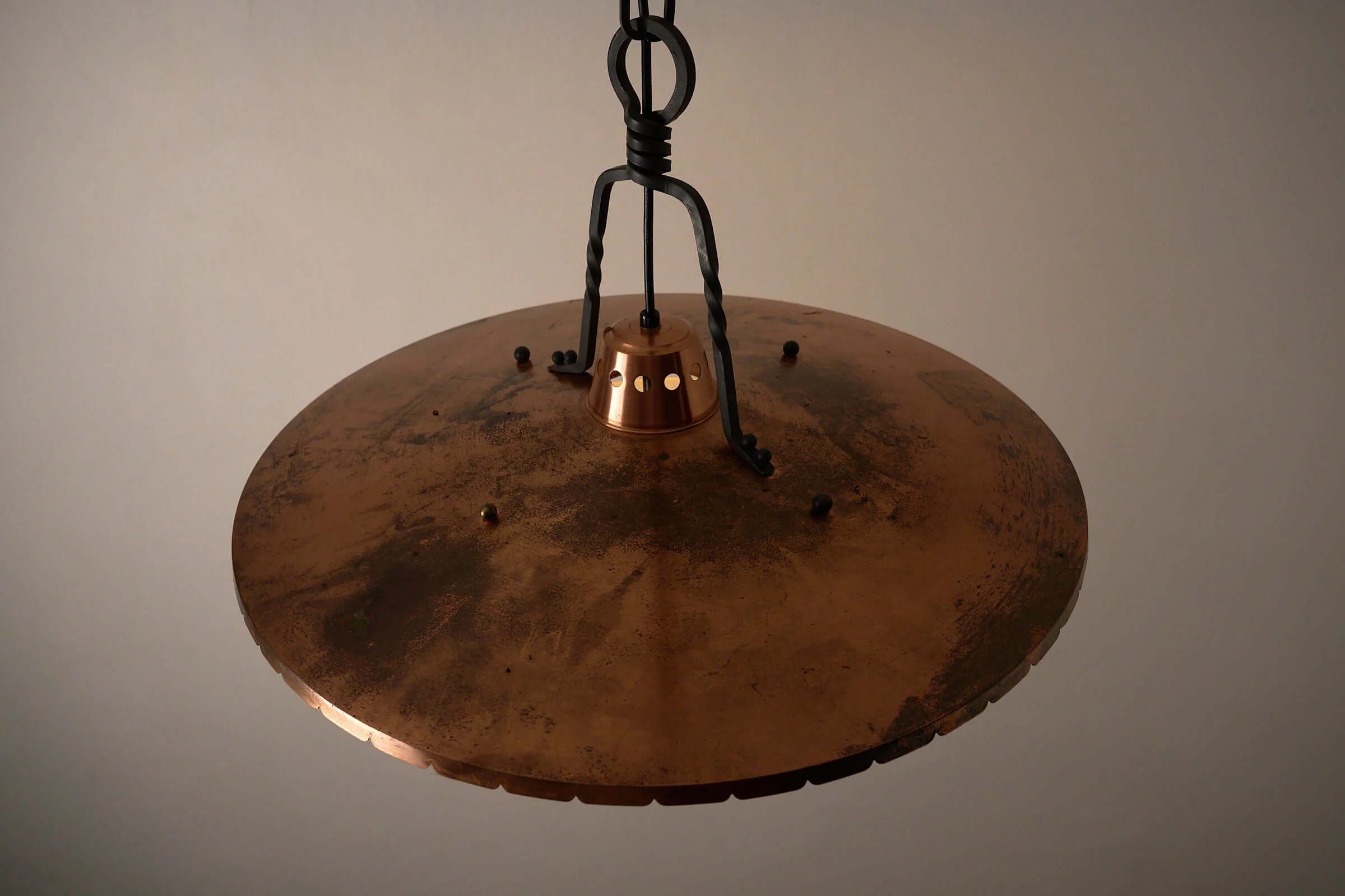 Wrought_Iron_Pendant_Lamp,_Copper_and_Textured_Glass,_1950s,_Europe